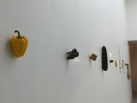 白い部屋の壁にパプリカやブロッコリー、ネギ等、、、ん～、きっとアート、、、