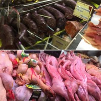 ブダン・ノワール（血のソーセージ）とウサギに鶏。