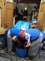 フェズは職人の町です：染色工場でシルクを染める男性達