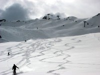 新雪を味わう3人のシュプール